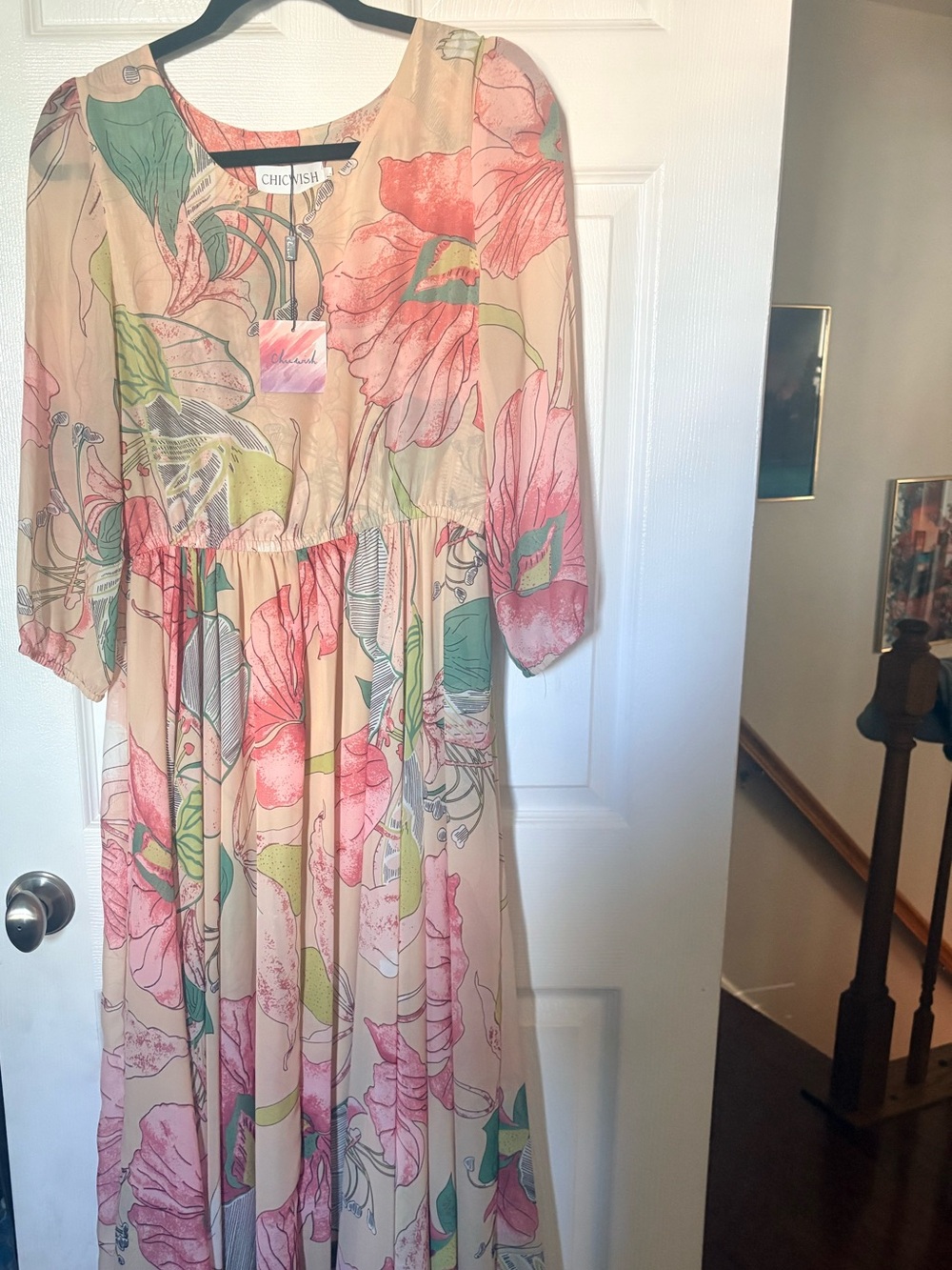 Chicwish Peach Floral Maxi Dress with Pink & Green Print